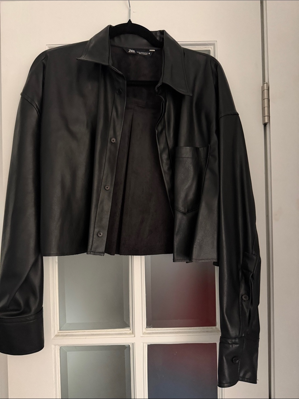 Zara Black Faux Leather Cropped Shirt Jacket